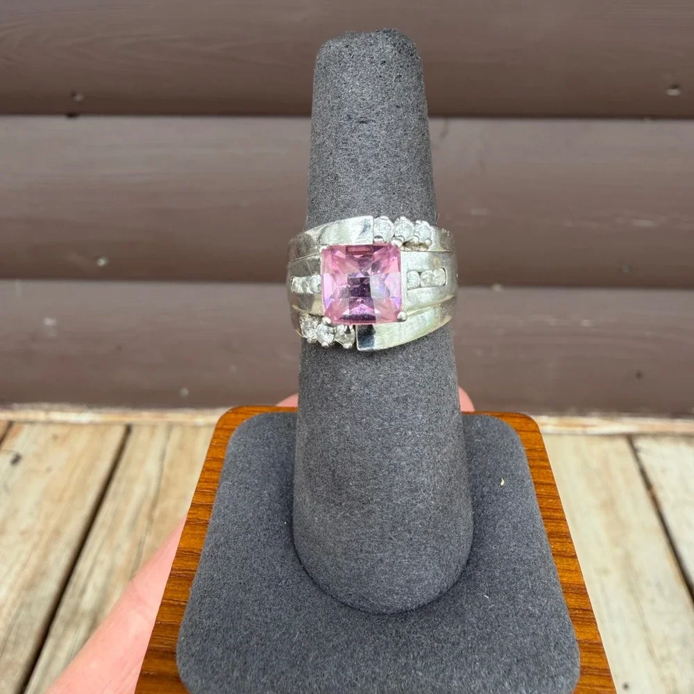 925 Sterling Silver Pink Stone Statement Ring Womens Size 7.5 Silver Pink Large